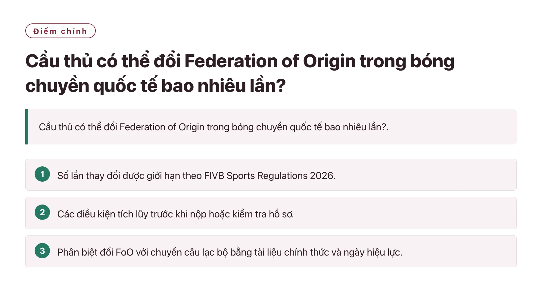 Cầu thủ có thể đổi Federation of Origin trong bóng chuyền quốc tế bao nhiêu lần?——全文要点速览